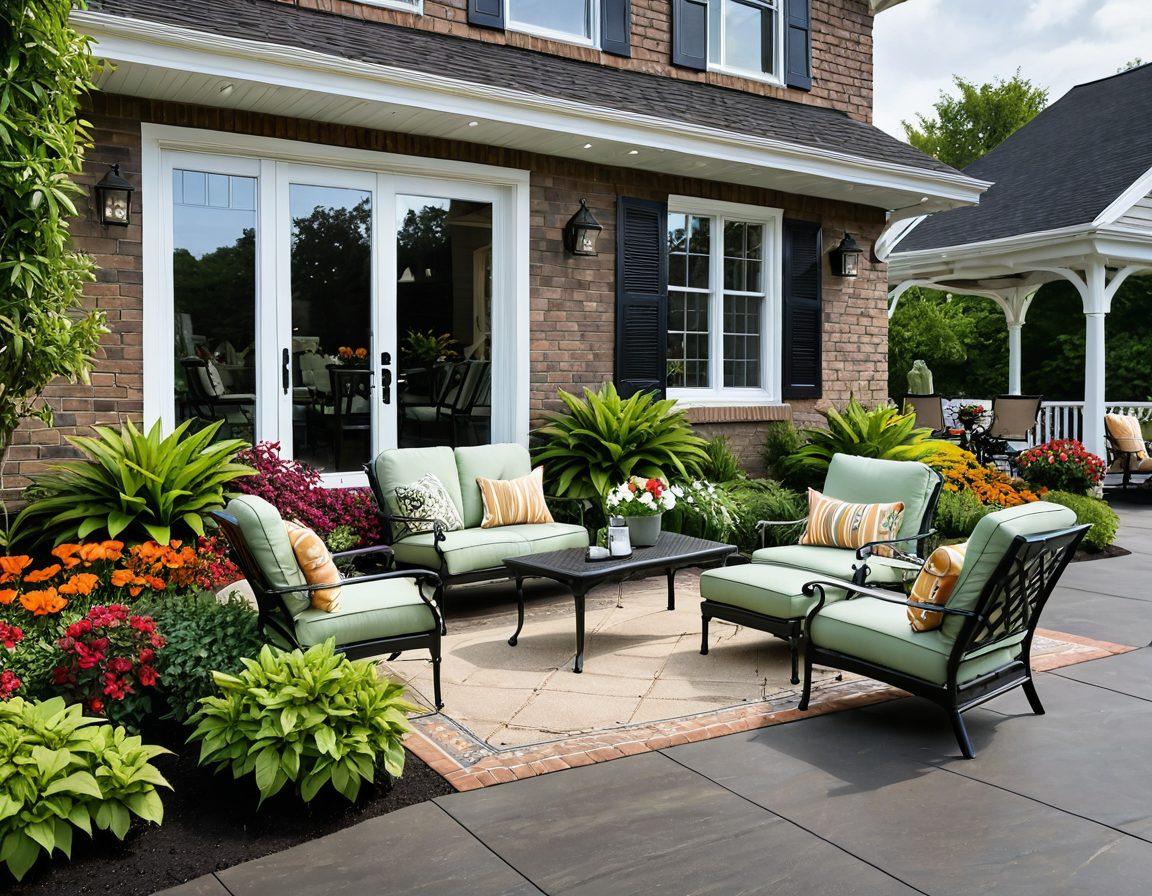 A picturesque suburban home with a lush garden, featuring stylish patio furniture, garden tools, and plants available from Peavey Mart's online store. A computer screen in the background displays the Peavey Mart website. super-realistic. vibrant colors. inviting atmosphere.