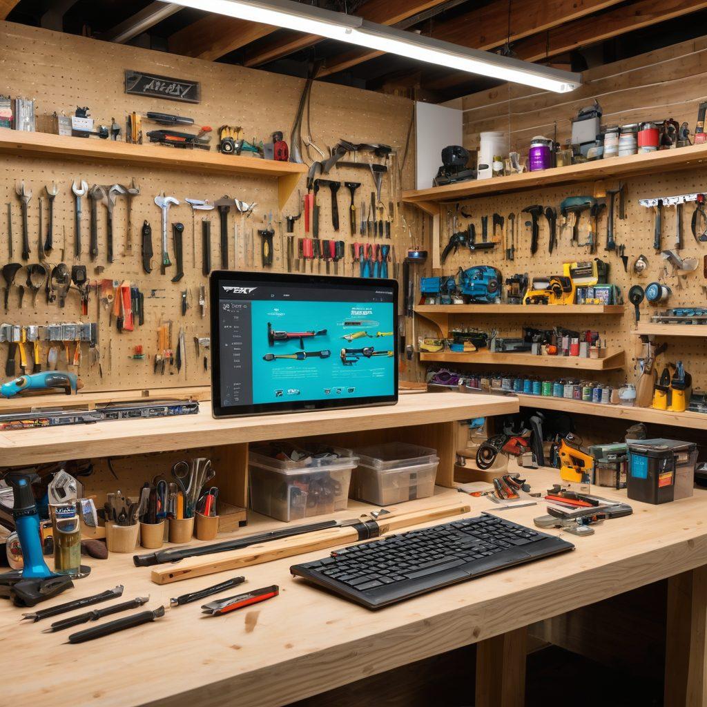 A vibrant workbench strewn with various DIY tools, materials, and partially completed projects. In the background, a computer screen displays Peavey Mart's e-commerce store, showing an array of tools and materials. Customers happily browsing online and in-store are integrated into the scene, showcasing a blend of physical and digital shopping experiences. super-realistic. vibrant colors.