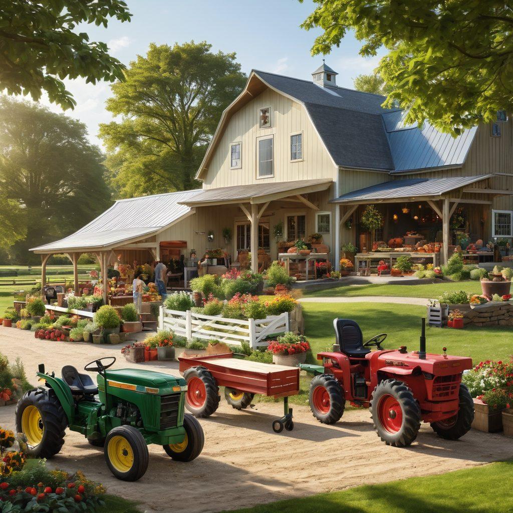 A thriving farm and cozy outdoor living space featuring an assortment of tools, gardening equipment, and patio furniture from Peavey Mart. Show lush green fields, a well-stocked barn, and a sunlit patio with happy families enjoying themselves. Include vibrant fruit trees, a tractor, and a variety of animals like chickens and goats. super-realistic. vibrant colors.